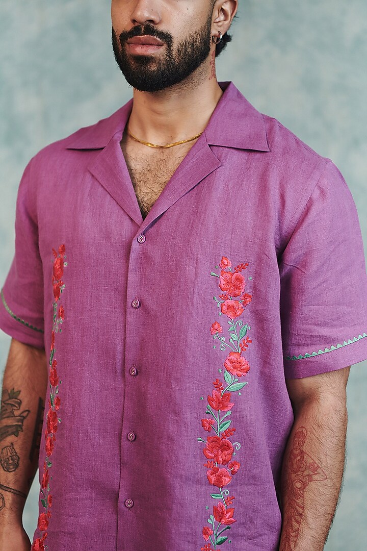 Berry Lilac Pure Linen Machine Embroidered Party Wear Shirt by Saphed Men at Pernia's Pop Up Shop