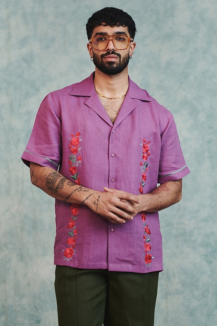 Berry Lilac Pure Linen Machine Embroidered Party Wear Shirt by Saphed Men at Pernia's Pop Up Shop