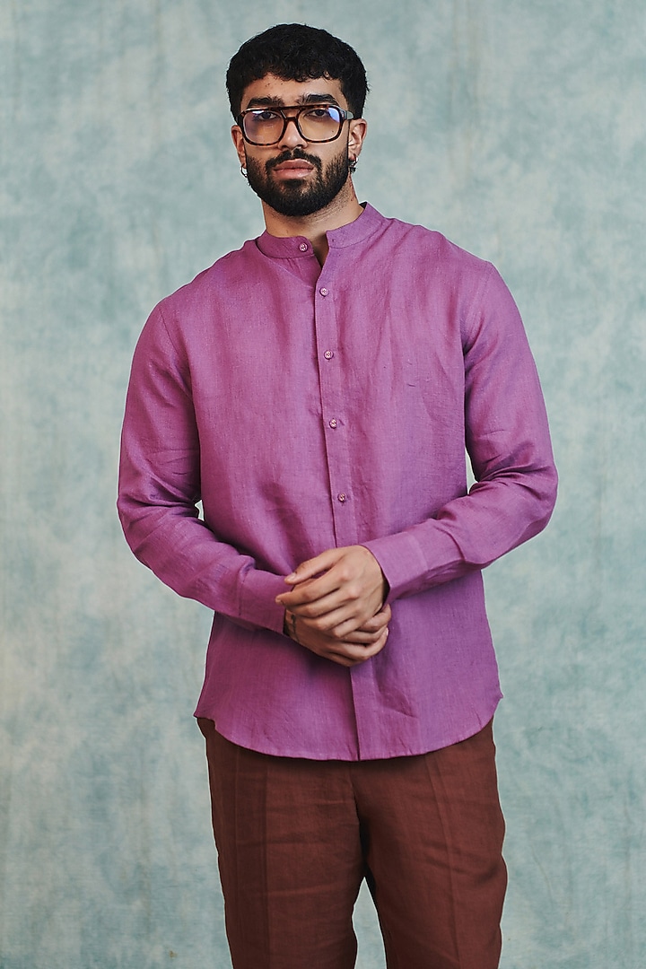 Berry Lilac Pure Linen Party Wear Shirt by Saphed Men at Pernia's Pop Up Shop