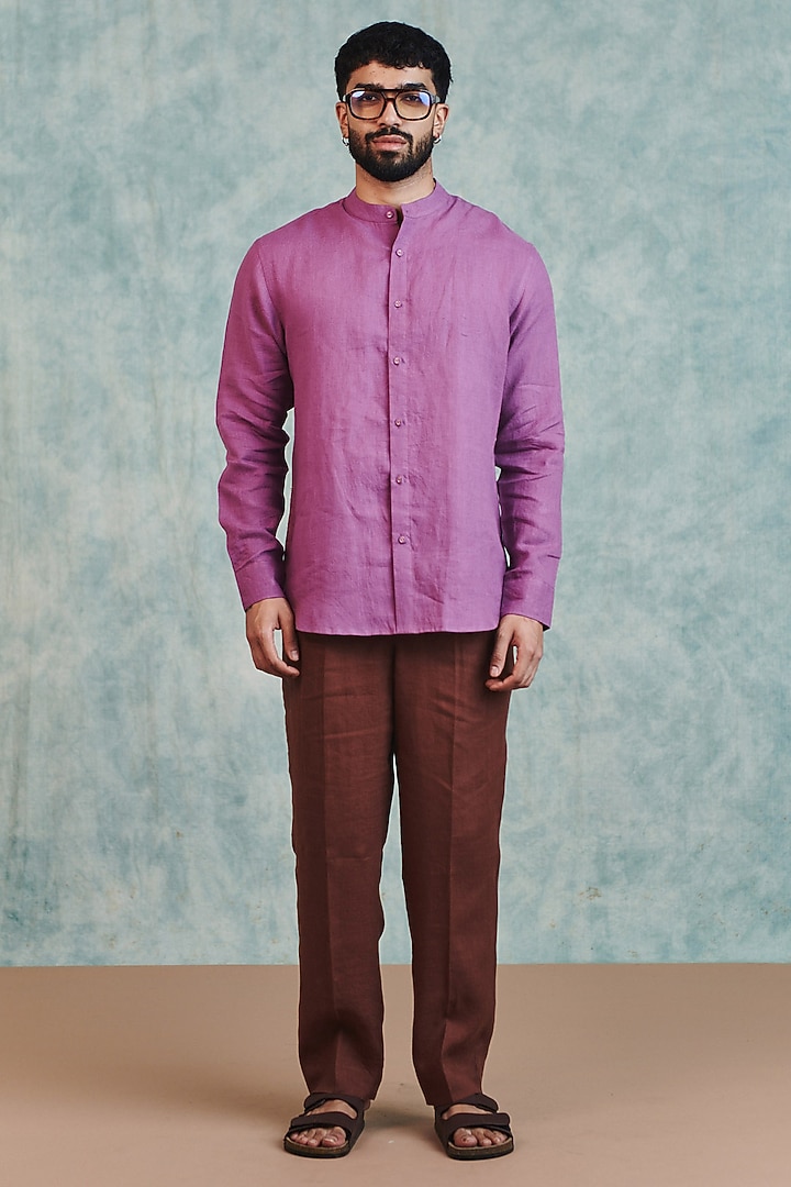 Berry Lilac Pure Linen Party Wear Shirt by Saphed Men at Pernia's Pop Up Shop