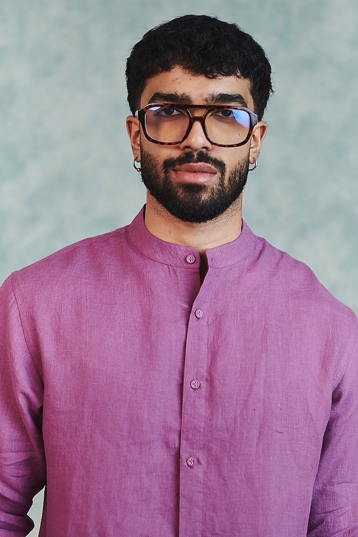 Berry Lilac Pure Linen Party Wear Shirt by Saphed Men at Pernia's Pop Up Shop