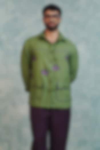 Moss Green Pure Linen Machine Embroidered Party Wear Shirt by Saphed Men at Pernia's Pop Up Shop