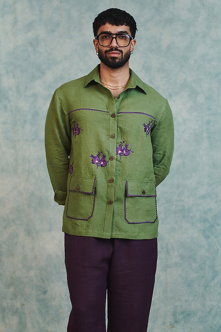 Moss Green Pure Linen Machine Embroidered Party Wear Shirt by Saphed Men at Pernia's Pop Up Shop