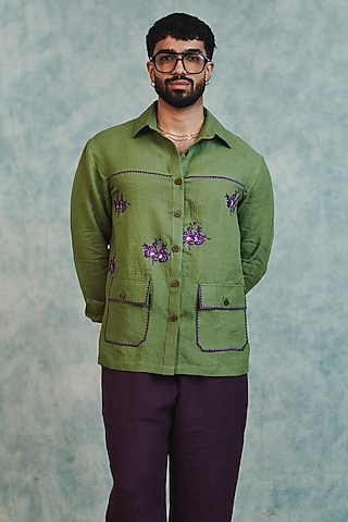 Moss Green Pure Linen Machine Embroidered Shirt by Saphed Men