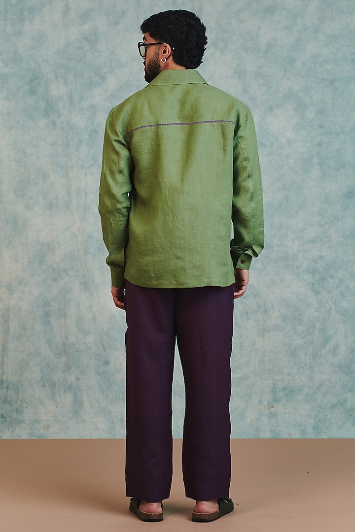 Moss Green Pure Linen Machine Embroidered Party Wear Shirt by Saphed Men at Pernia's Pop Up Shop