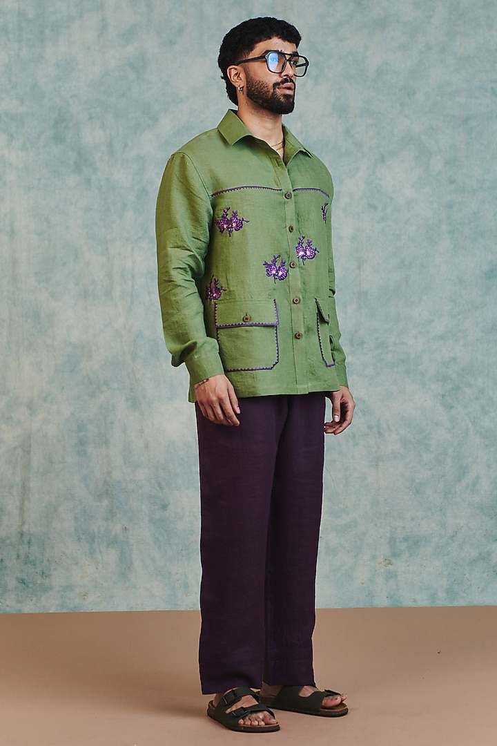 Moss Green Pure Linen Machine Embroidered Party Wear Shirt by Saphed Men at Pernia's Pop Up Shop
