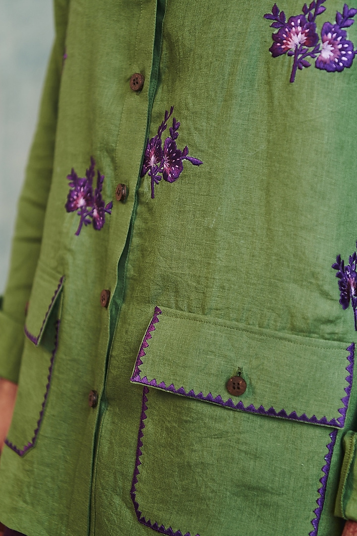 Moss Green Pure Linen Machine Embroidered Party Wear Shirt by Saphed Men at Pernia's Pop Up Shop