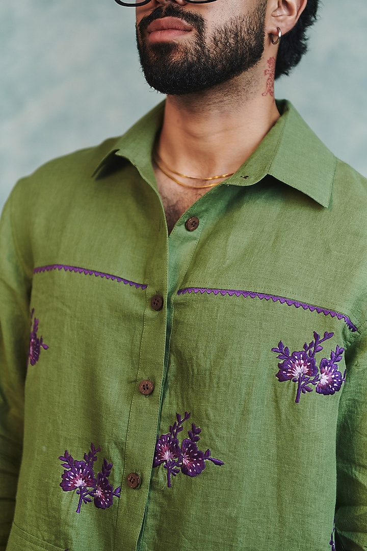 Moss Green Pure Linen Machine Embroidered Party Wear Shirt by Saphed Men at Pernia's Pop Up Shop
