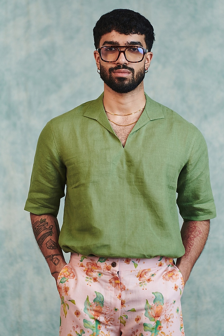 Moss Green Pure Linen Summer Shirt by Saphed Men at Pernia's Pop Up Shop