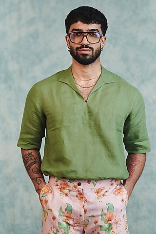 Moss Green Pure Linen Shirt by Saphed Men