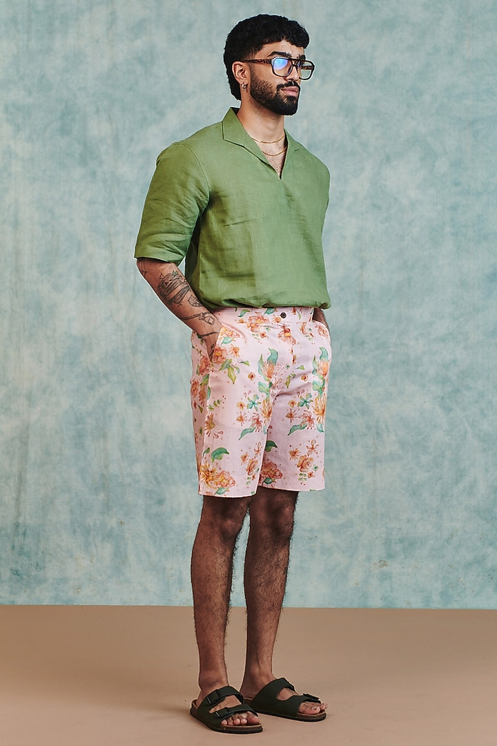 Moss Green Pure Linen Summer Shirt by Saphed Men at Pernia's Pop Up Shop