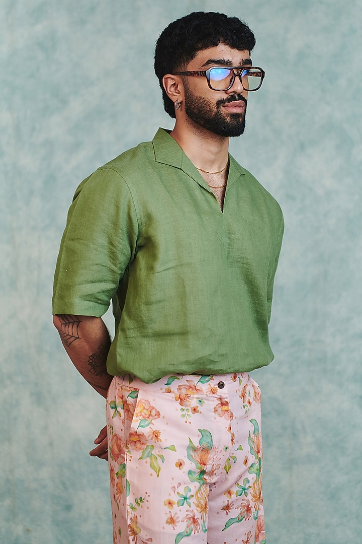 Moss Green Pure Linen Summer Shirt by Saphed Men at Pernia's Pop Up Shop