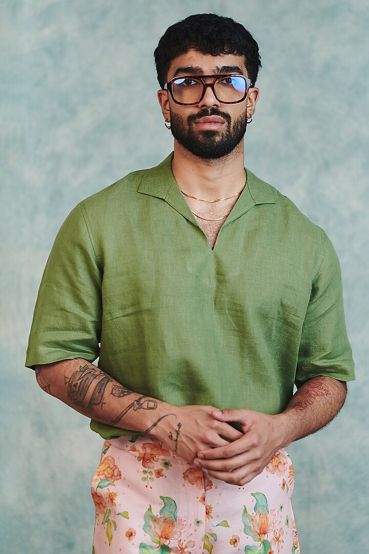 Moss Green Pure Linen Summer Shirt by Saphed Men at Pernia's Pop Up Shop