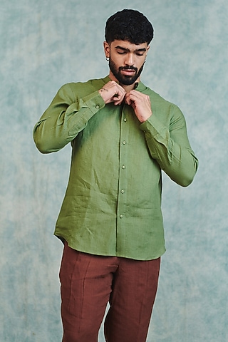 Moss Green Pure Linen Shirt by Saphed Men