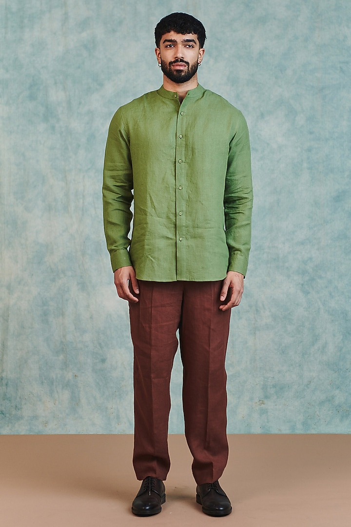 Moss Green Pure Linen Party Wear Shirt by Saphed Men at Pernia's Pop Up Shop