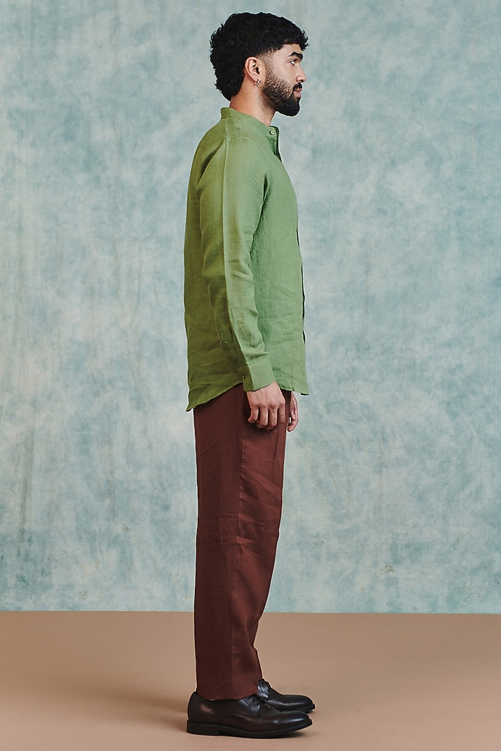 Moss Green Pure Linen Party Wear Shirt by Saphed Men at Pernia's Pop Up Shop