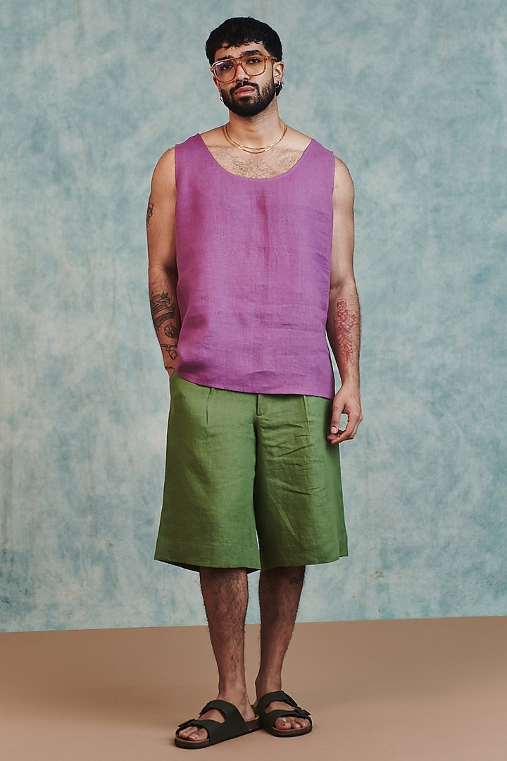Moss Green Pure Linen Jorts by Saphed Men at Pernia's Pop Up Shop