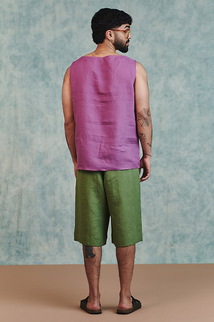 Moss Green Pure Linen Jorts by Saphed Men at Pernia's Pop Up Shop