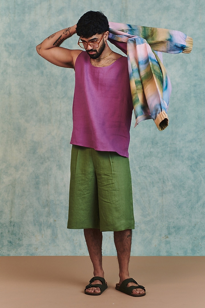 Moss Green Pure Linen Jorts by Saphed Men at Pernia's Pop Up Shop