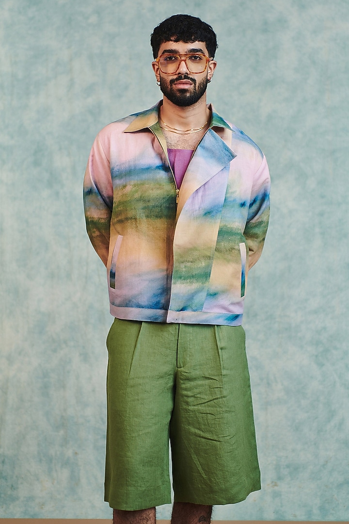 Moss Green Pure Linen Jorts by Saphed Men at Pernia's Pop Up Shop