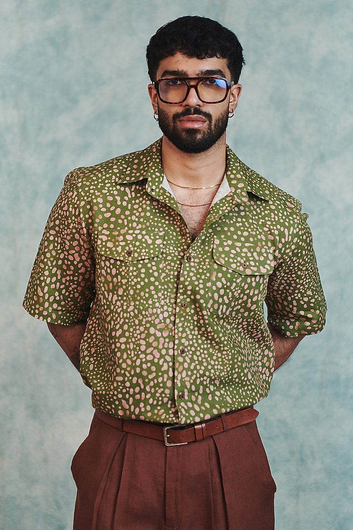 Moss Green Cotton Linen Summer Shirt by Saphed Men at Pernia's Pop Up Shop