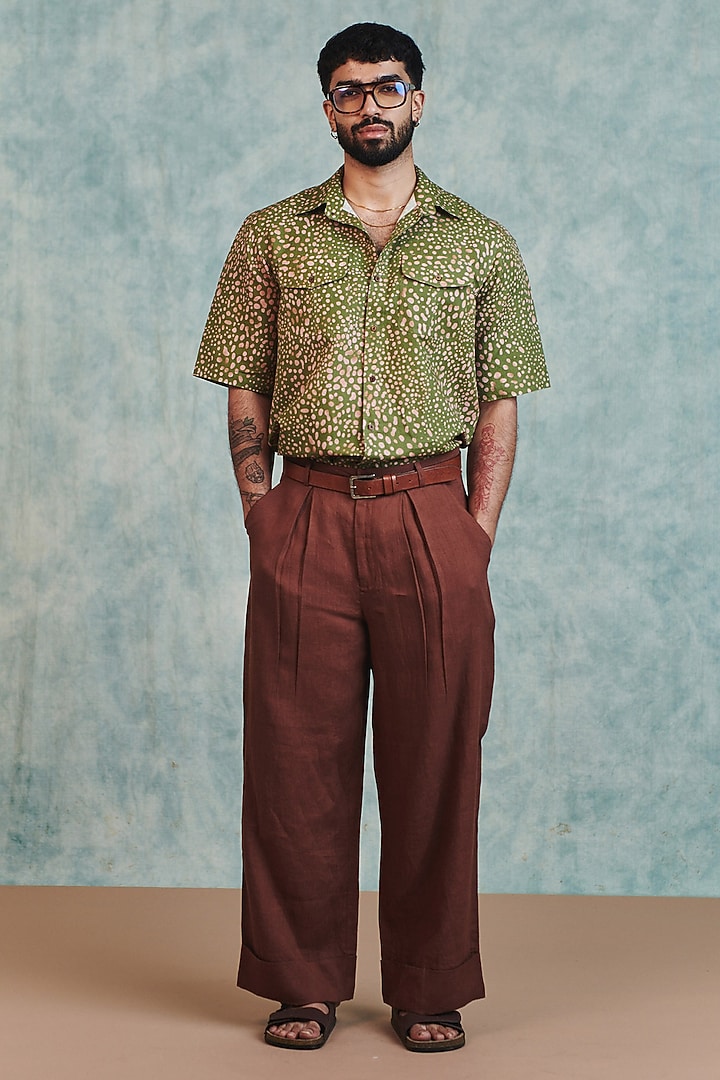 Moss Green Cotton Linen Summer Shirt by Saphed Men at Pernia's Pop Up Shop
