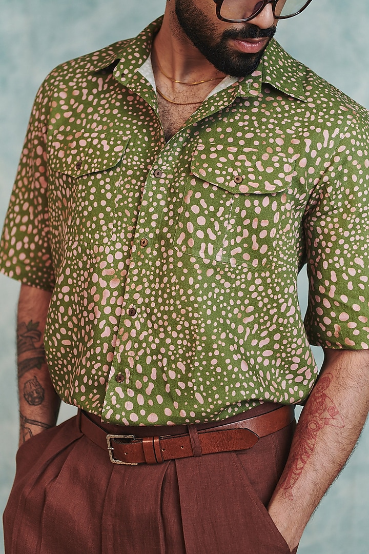 Moss Green Cotton Linen Summer Shirt by Saphed Men at Pernia's Pop Up Shop