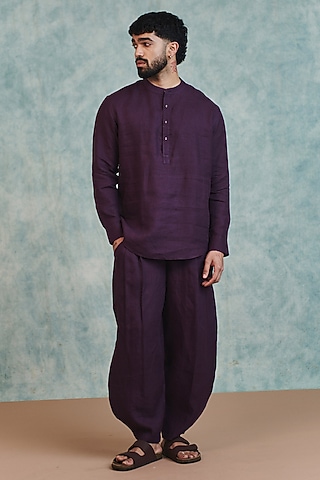 Plum Pure Linen Co-Ord Set by Saphed Men