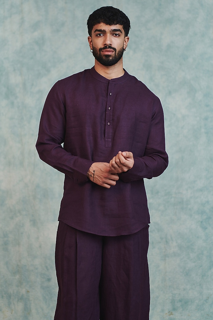 Plum Pure Linen Co-Ord Set by Saphed Men at Pernia's Pop Up Shop
