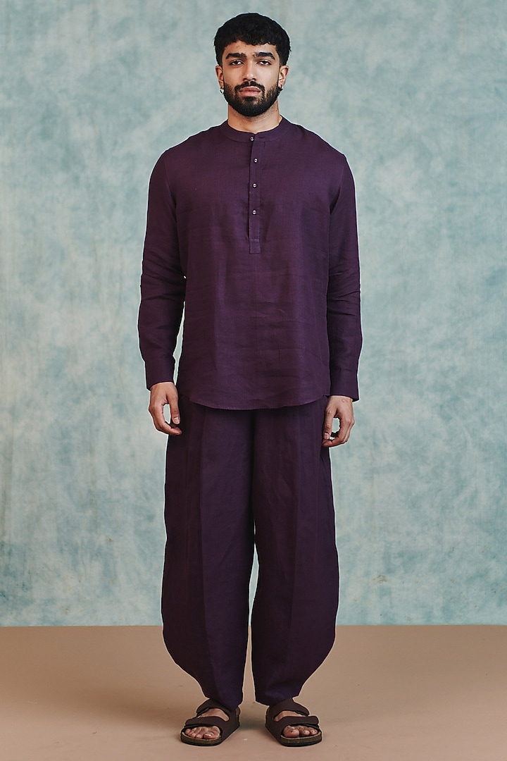 Plum Pure Linen Party Wear Shirt Kurta by Saphed Men at Pernia's Pop Up Shop