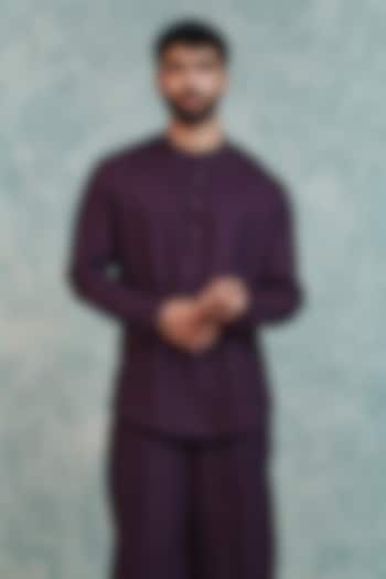 Plum Pure Linen Party Wear Shirt Kurta by Saphed Men at Pernia's Pop Up Shop