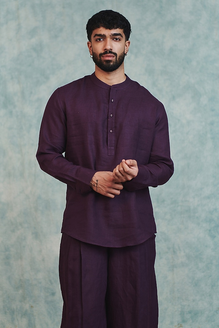 Plum Pure Linen Party Wear Shirt Kurta by Saphed Men at Pernia's Pop Up Shop