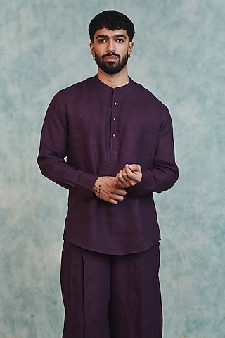 Plum Pure Linen Shirt Kurta by Saphed Men