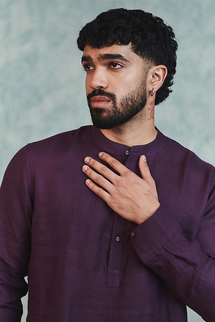 Plum Pure Linen Party Wear Shirt Kurta by Saphed Men at Pernia's Pop Up Shop