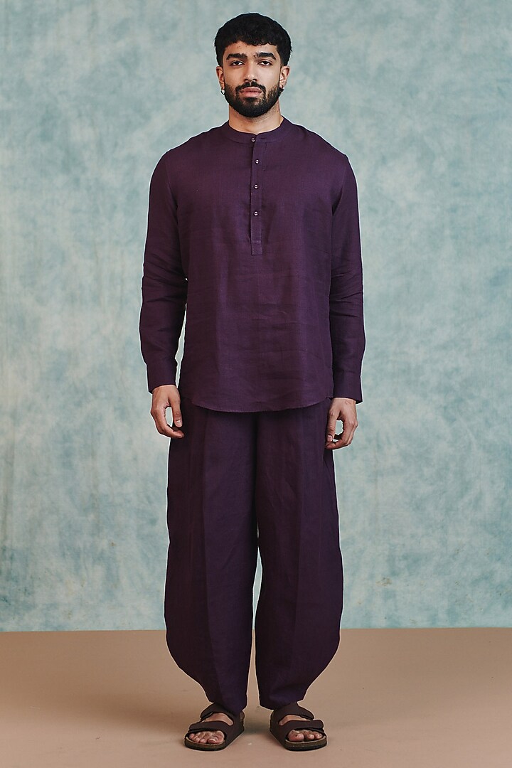 Plum Pure Linen Barrel Pants by Saphed Men at Pernia's Pop Up Shop