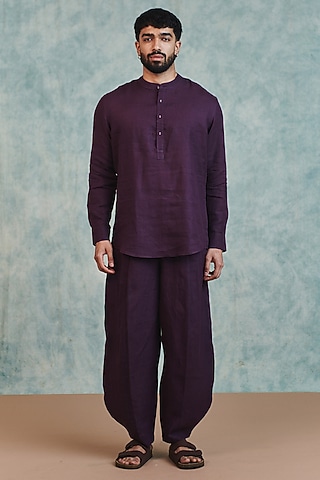 Plum Pure Linen Barrel Pants by Saphed Men