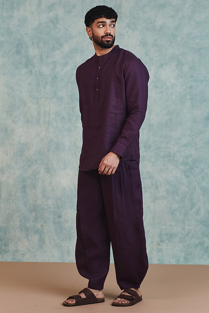 Plum Pure Linen Barrel Pants by Saphed Men at Pernia's Pop Up Shop
