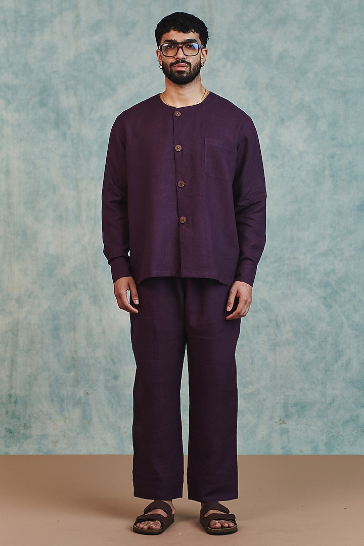 Plum Pure Linen Co-Ord Set by Saphed Men at Pernia's Pop Up Shop