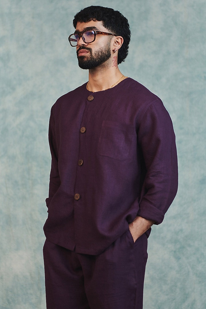 Plum Pure Linen Co-Ord Set by Saphed Men at Pernia's Pop Up Shop