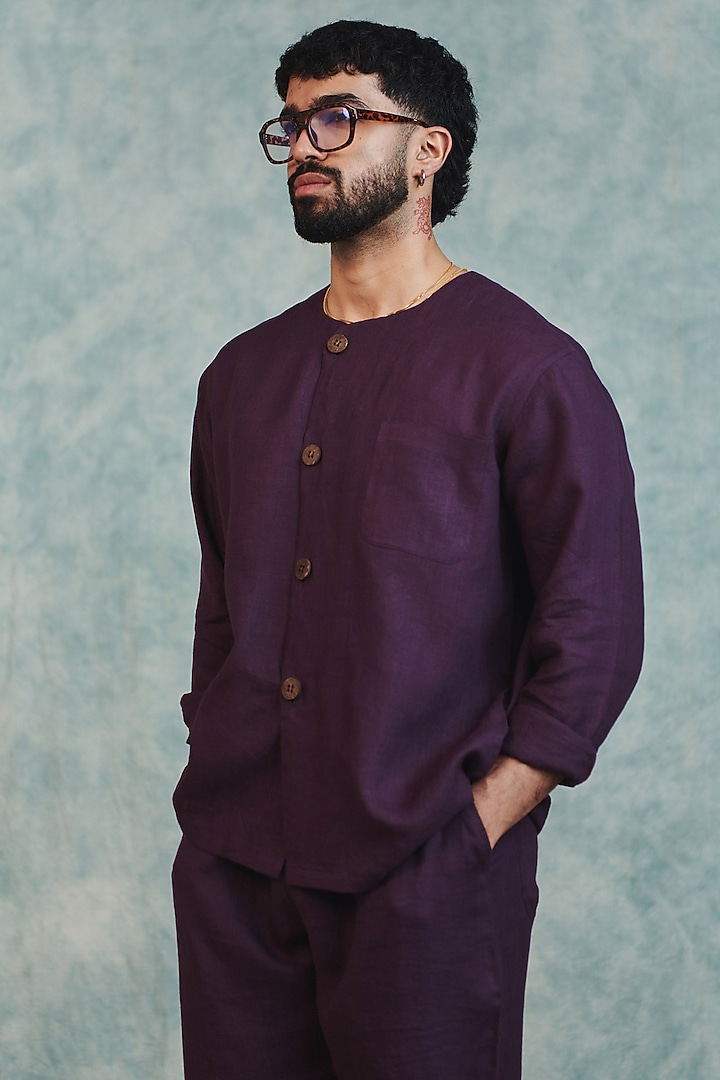 Plum Pure Linen Party Wear Shirt by Saphed Men at Pernia's Pop Up Shop
