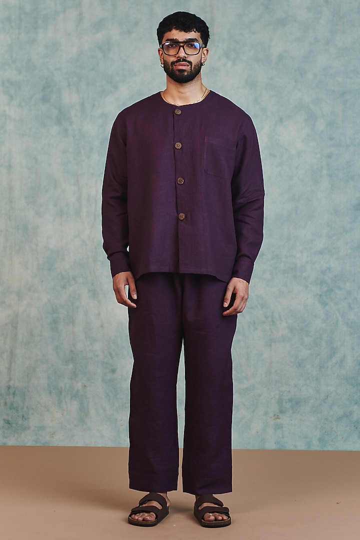 Plum Pure Linen Party Wear Shirt by Saphed Men at Pernia's Pop Up Shop
