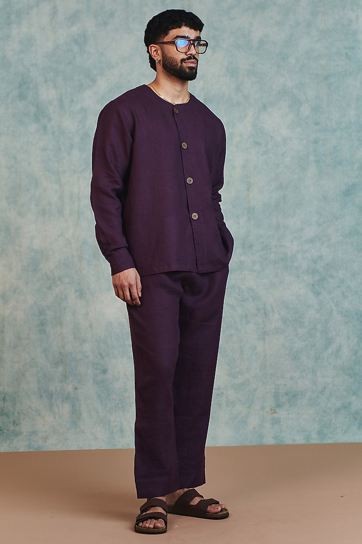 Plum Pure Linen Party Wear Shirt by Saphed Men at Pernia's Pop Up Shop