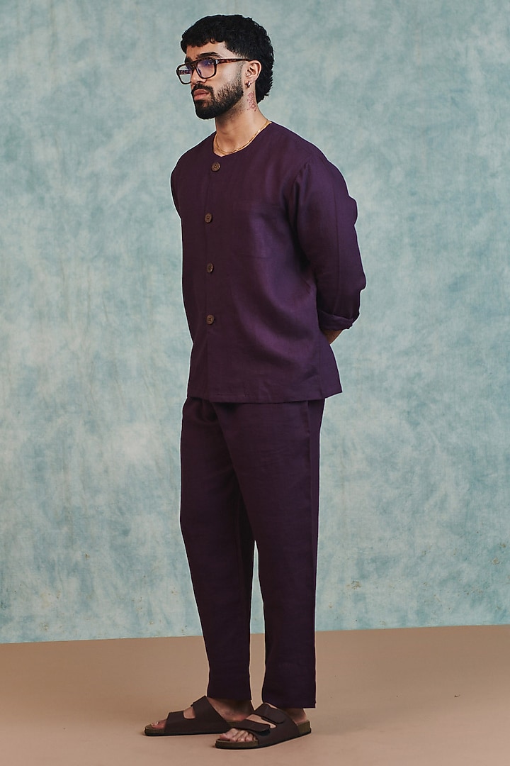 Plum Pure Linen Party Wear Shirt by Saphed Men at Pernia's Pop Up Shop