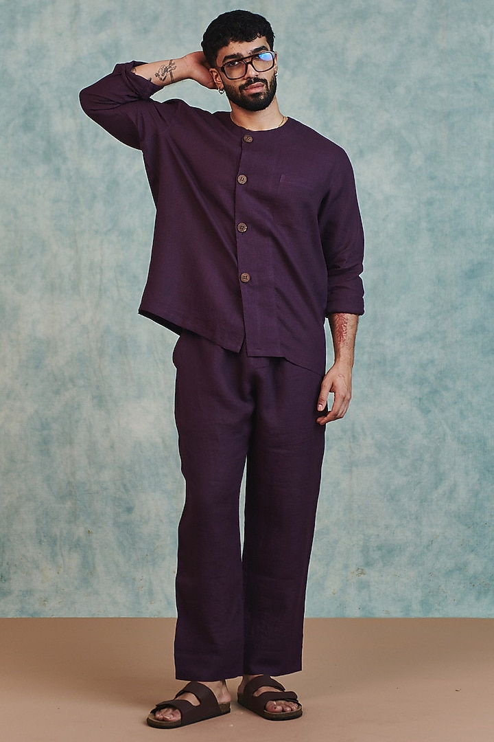 Plum Pure Linen Pants by Saphed Men at Pernia's Pop Up Shop