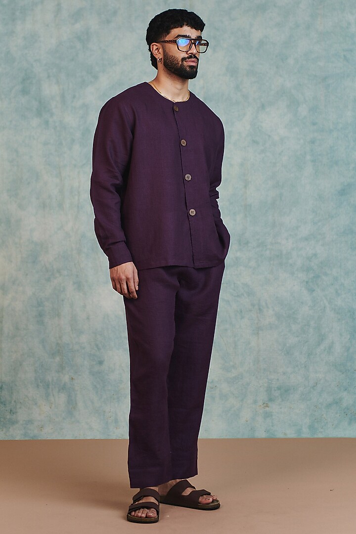 Plum Pure Linen Pants by Saphed Men at Pernia's Pop Up Shop