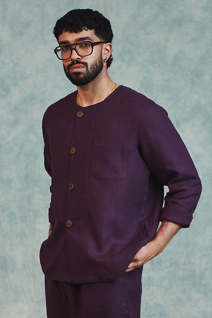 Plum Pure Linen Pants by Saphed Men at Pernia's Pop Up Shop