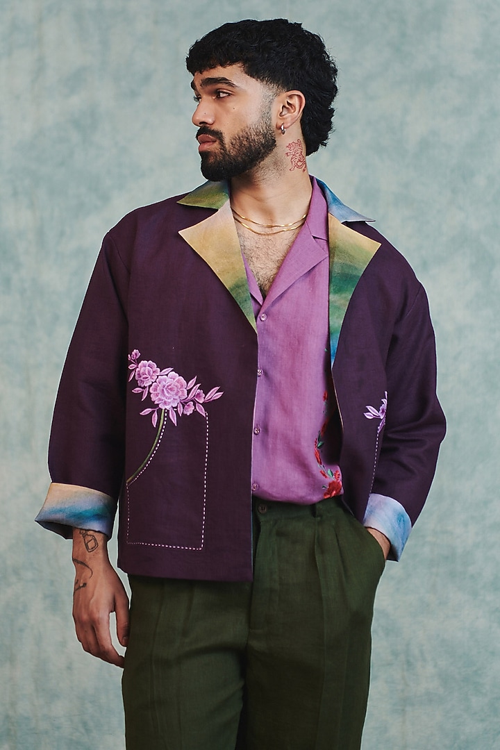 Plum Pure Linen Open Jacket by Saphed Men at Pernia's Pop Up Shop