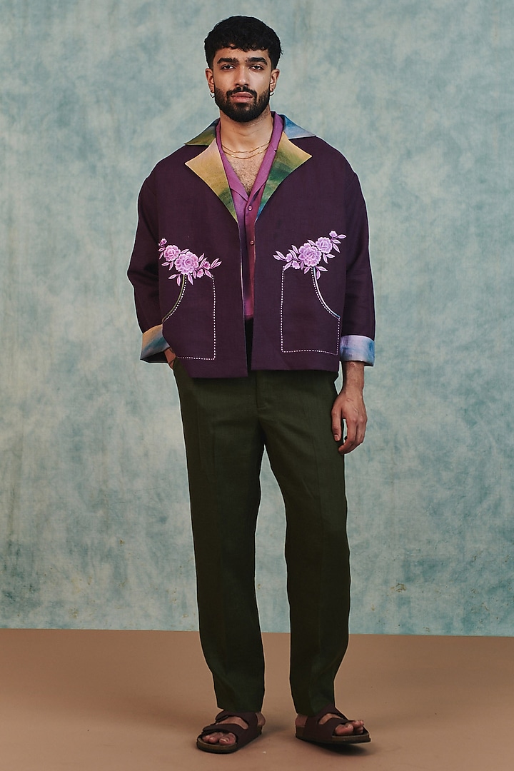 Plum Pure Linen Open Jacket by Saphed Men at Pernia's Pop Up Shop