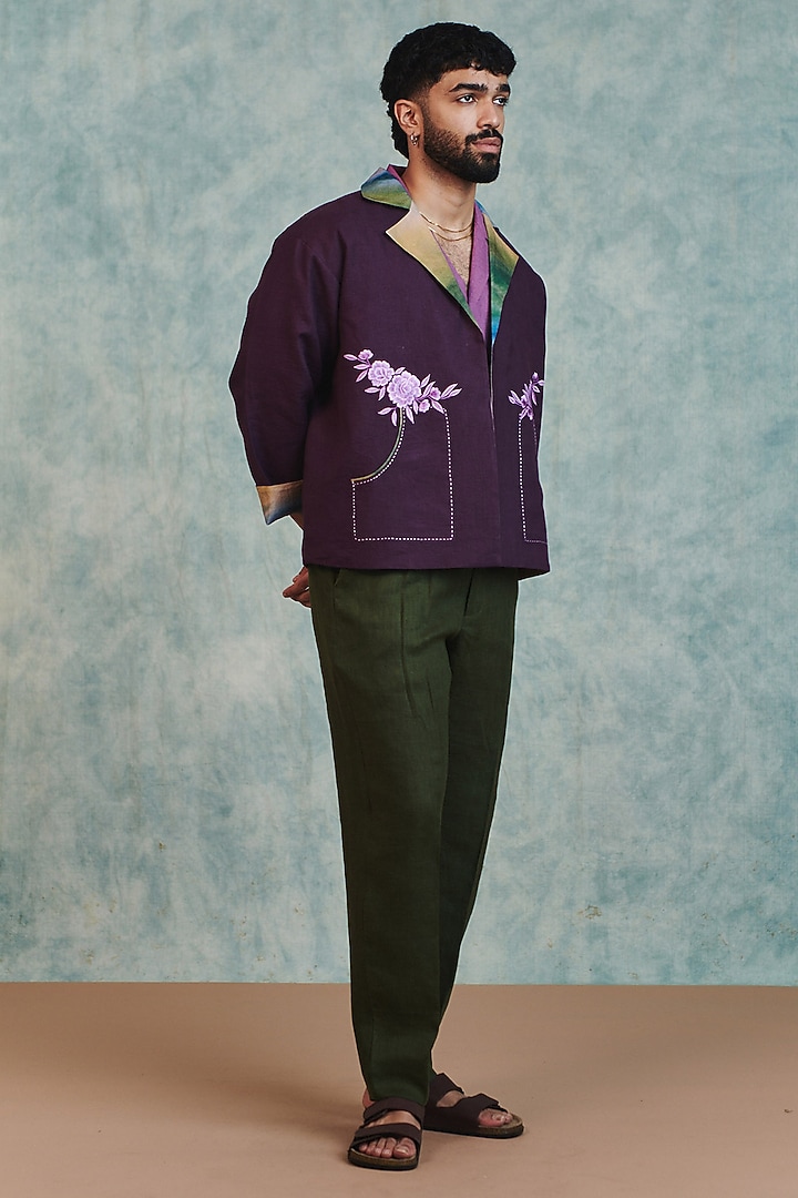 Plum Pure Linen Open Jacket by Saphed Men at Pernia's Pop Up Shop