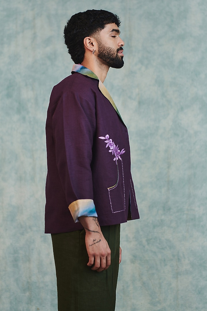 Plum Pure Linen Open Jacket by Saphed Men at Pernia's Pop Up Shop